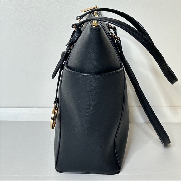 Michael Kors Black Gold Charlotte Ciara Large Zip Tote Shoulder Bag Purse - Picture 7 of 12